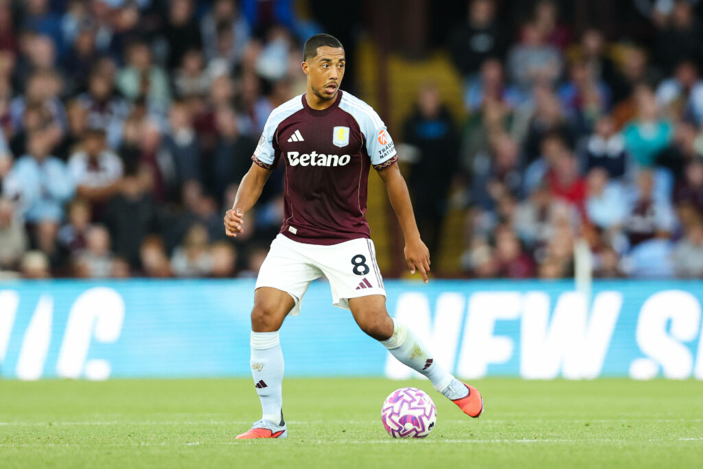 Youri Tielemans looking concentrated playing for Aston Villa