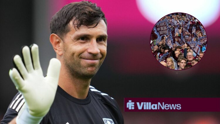 Emi Martinez and Aston Villa fans in circular inset.