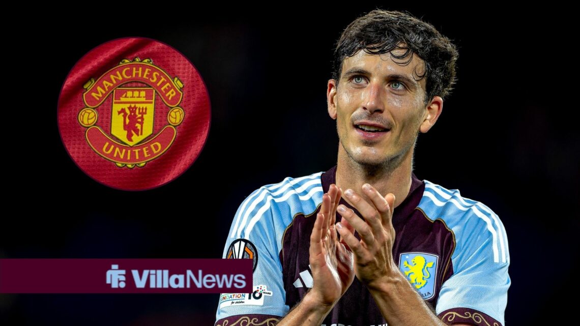 Pau Torres playing for Aston Villa clapping looking towards a circle inset of the Manchester United badge