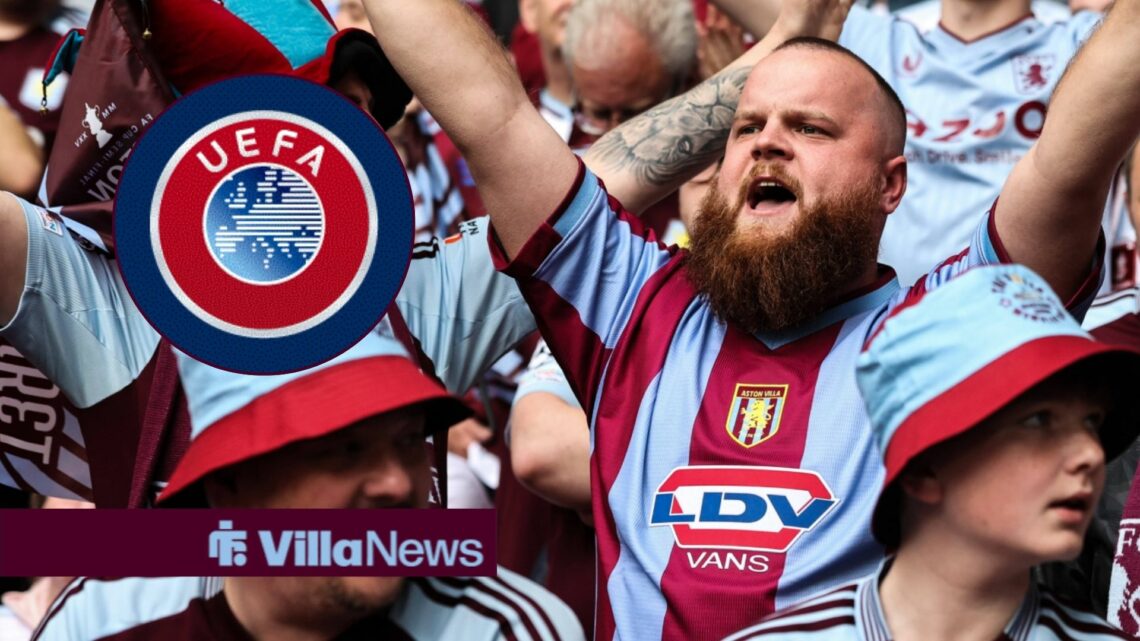 Aston Villa fan holding arms in the air looking towards a circle inset of the UEFA badge