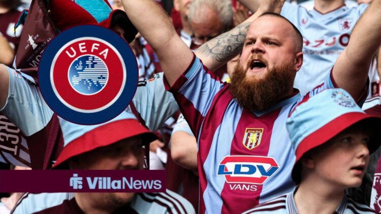 Aston Villa fan holding arms in the air looking towards a circle inset of the UEFA badge