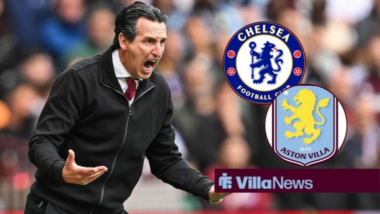 Unai Emery with Chelsea and Aston Villa badges in circular insets.