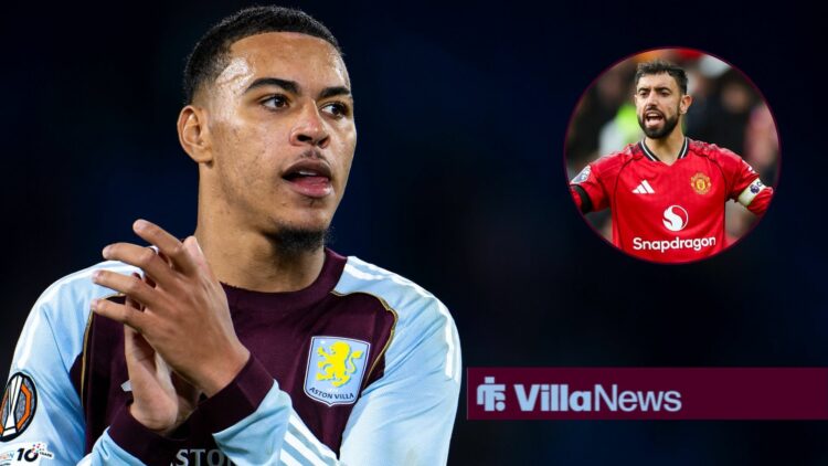 Morgan Rogers with Bruno Fernandes in a circular inset.