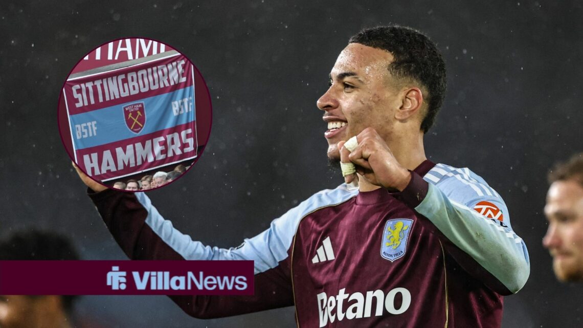 Morgan Rogers celebrating with West Ham banner in circle
