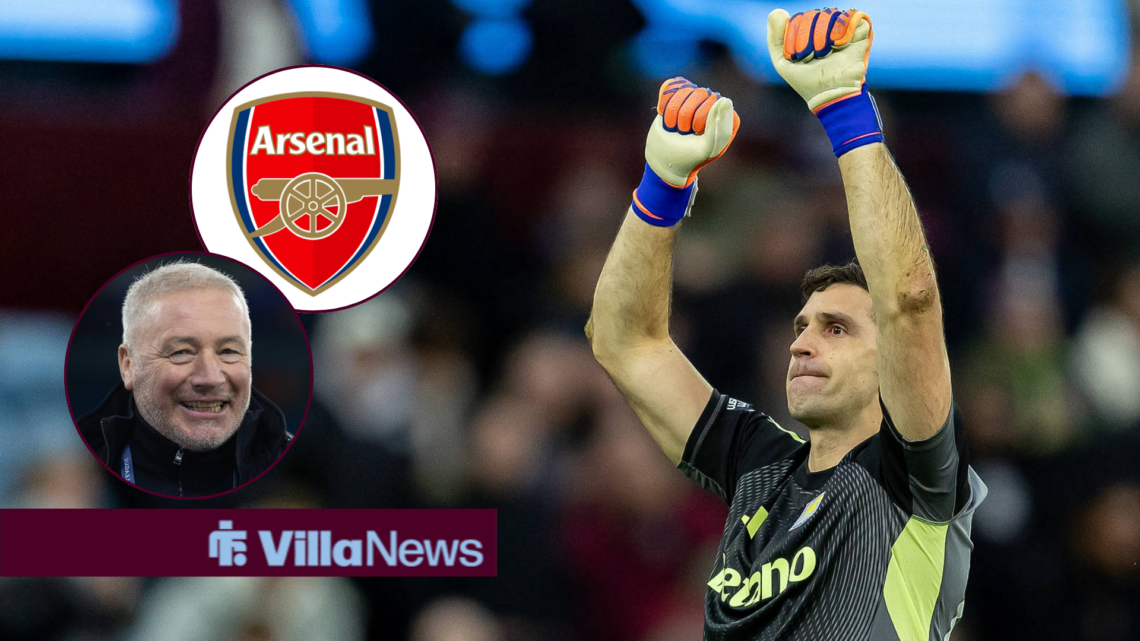 Emi Martinez celebrating looking towards a circle inset of the Arsenal badge and Ally McCoist smiling