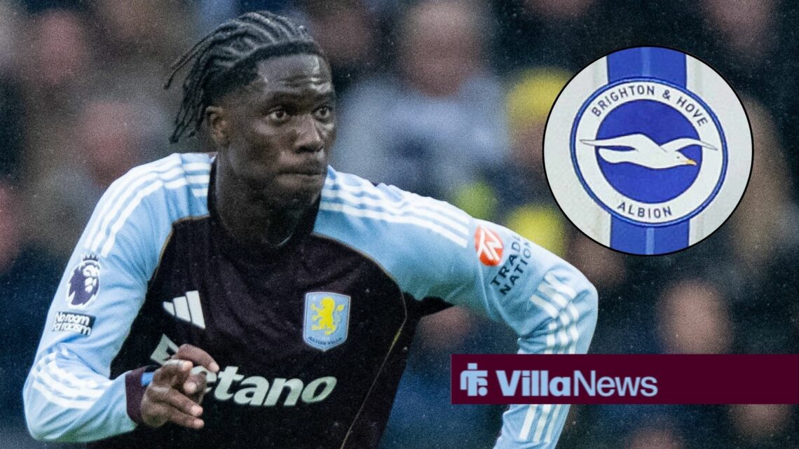 Amadou Onana playing for Aston Villa looking towards a Brighton badge in a circle inset