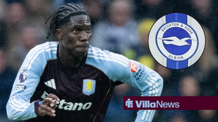 Amadou Onana playing for Aston Villa looking towards a Brighton badge in a circle inset