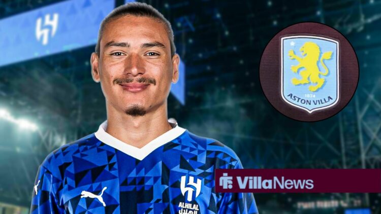 Darwin Nunez in an Al Hilal shirt looking towards an Aston Villa badge in a circle inset