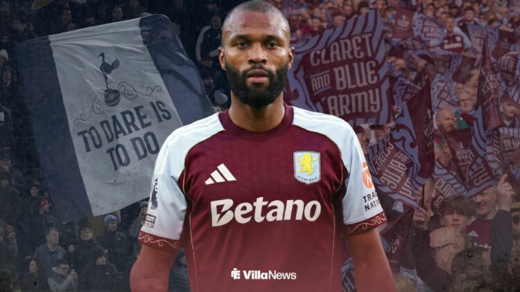 Igor Thiago in an Aston Villa shirt split between Tottenham fans and Aston Villa fans