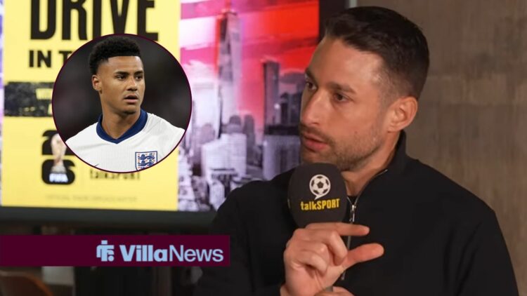 David Ornstein speaking on talkSPORT looking towards a circle inset of Ollie Watkins playing for England looking annoyed