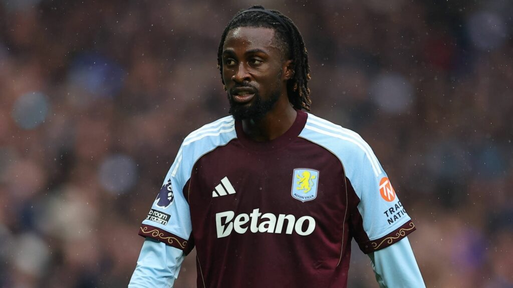 Evann Guessand looking annoyed playing for Aston Villa