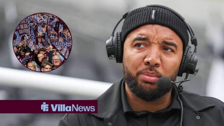 Troy Deeney alongside a circle inset of Aston Villa fans.
