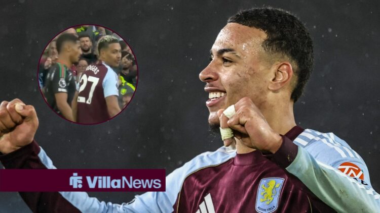 Morgan Rogers celebrating for Aston Villa looking towards a circle inset of Morgan Rogers playing for Aston Villa against Arsenal