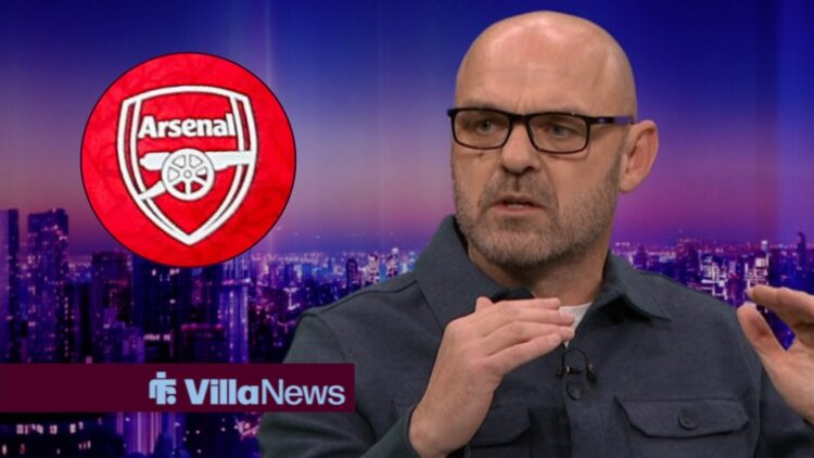 Danny Murphy speaking on Match of the Day looking towards an Arsenal badge in a circle inset