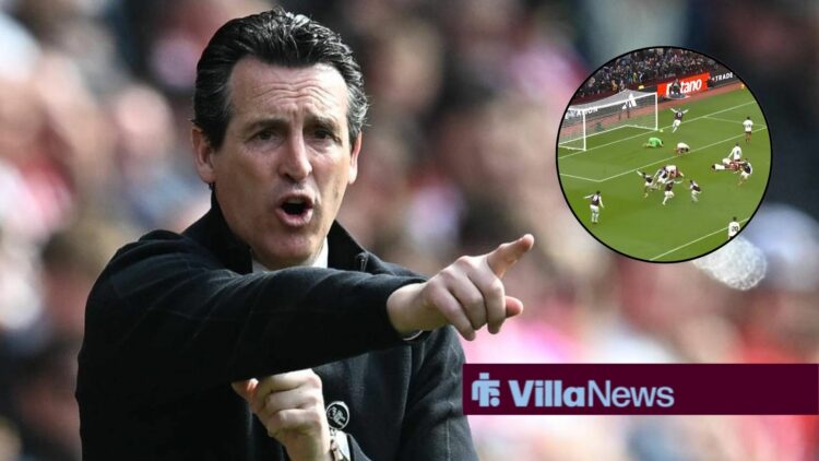 Unai Emery pointing towards a circle inset of Emi Buendia scoring for Aston Villa against Arsenal