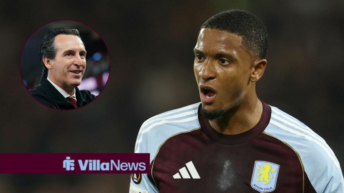 Ezri Konsa alongside a circle inset of Unai Emery.