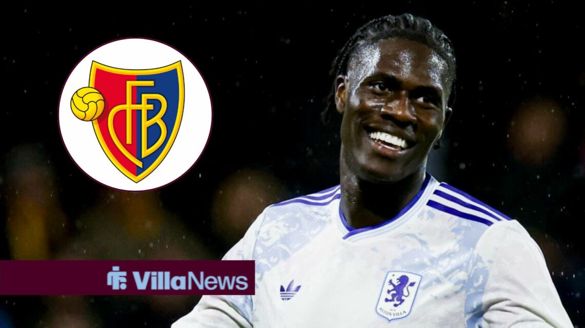 Amadou Onana playing for Aston Villa alongside a circle inset of the Basel badge