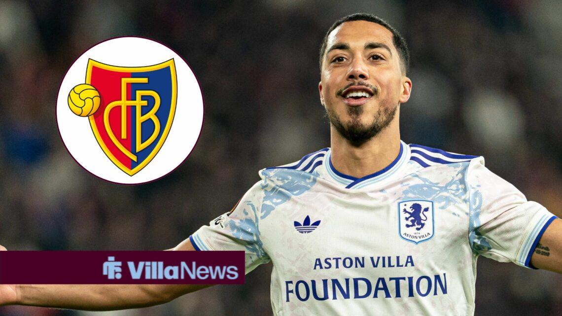 Youri Tielemans celebrating for Aston Villa looking towards a circle inset of the Basel badge