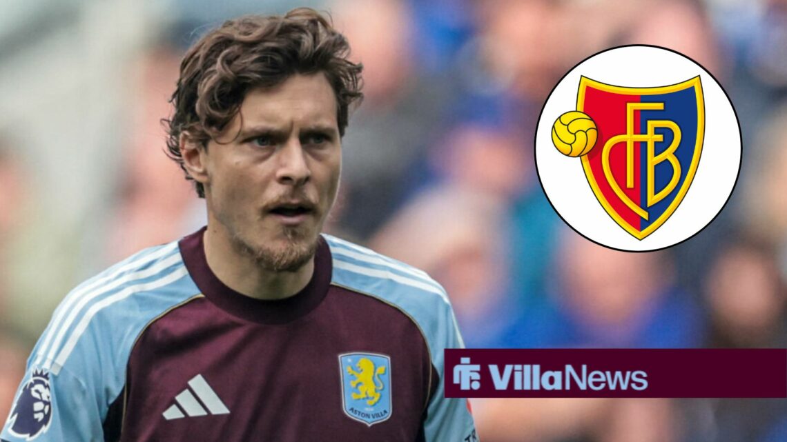 Victor Lindelof playing for Aston Villa looking towards a circle inset of the Basel badge