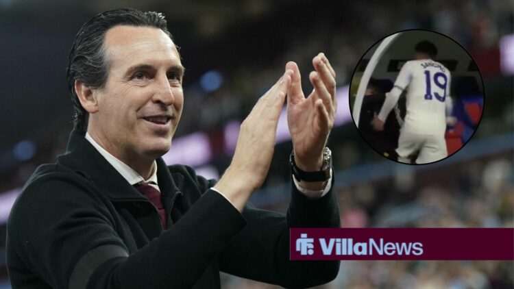 Unai Emery smiling and clapping towards a circle inset of Jadon Sancho