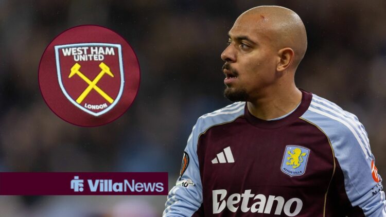 Donyell Malen looking annoyed playing for Aston Villa towards a West Ham badge in a circle inset