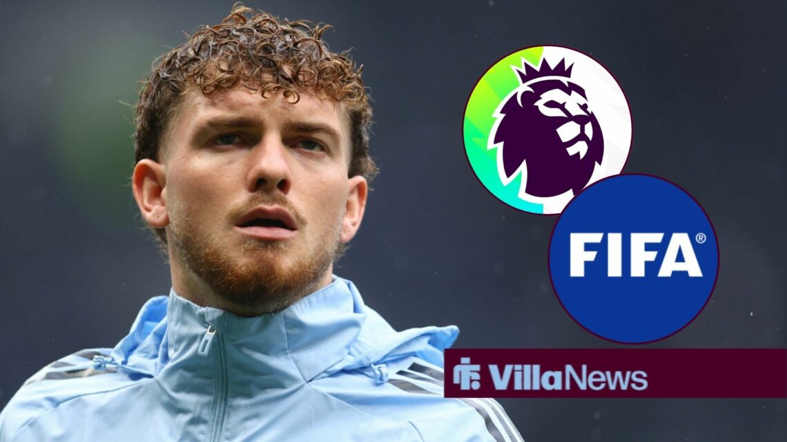 Harvey Elliott looking annoyed towards circle insets of the Premier League and FIFA logos