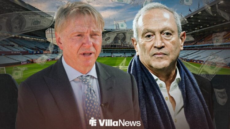 Nassef Sawiris and Wes Edens standing at Villa Park surrounded by falling bank notes
