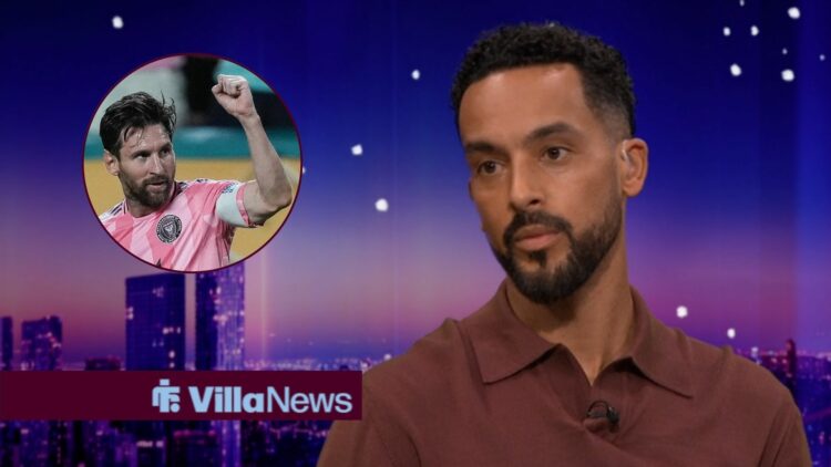 Theo Walcott speaking on Match of the Day looking towards a circle inset of Lionel Messi celebrating for Inter Miami