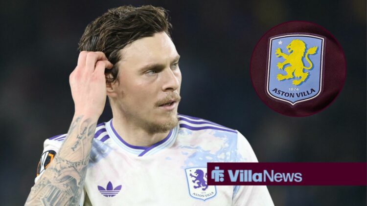 Victor Lindelof playing for Aston Villa looking towards a circle inset of the Aston Villa badge