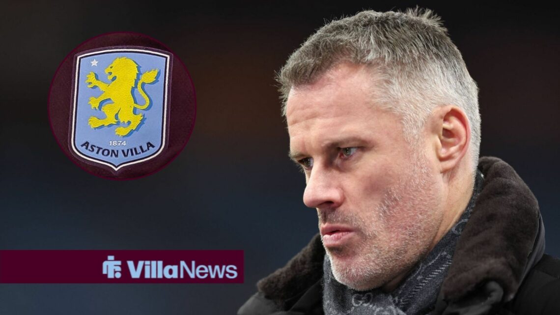 Jamie Carragher looking at Aston Villa badge.
