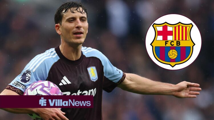 Pau Torres looking in direction of FC Barcelona badge.