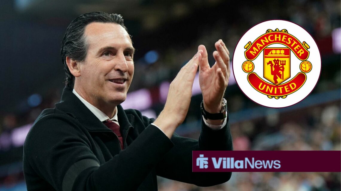 Unai Emery alongside a circle inset of the Man United badge.