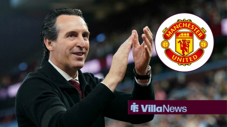 Unai Emery alongside a circle inset of the Man United badge.