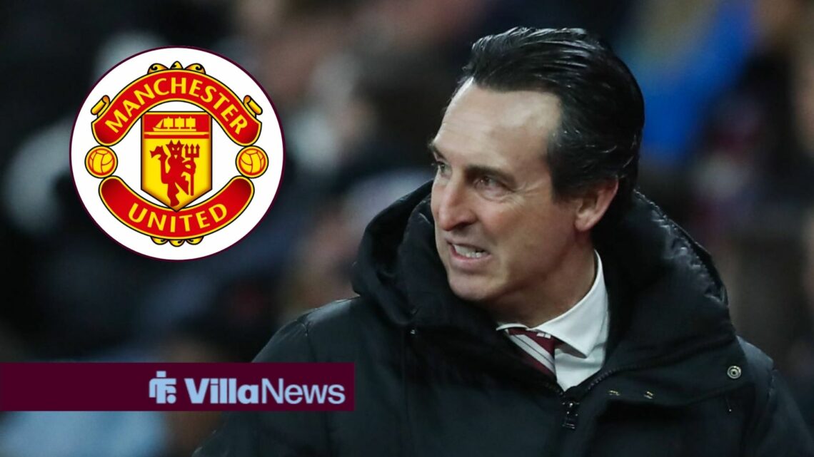 Unai Emery gritting his teeth in direction of Manchester United badge.