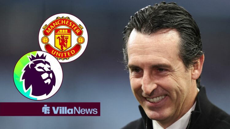 Unai Emery smiles towards a Premier League logo and Manchester United badge