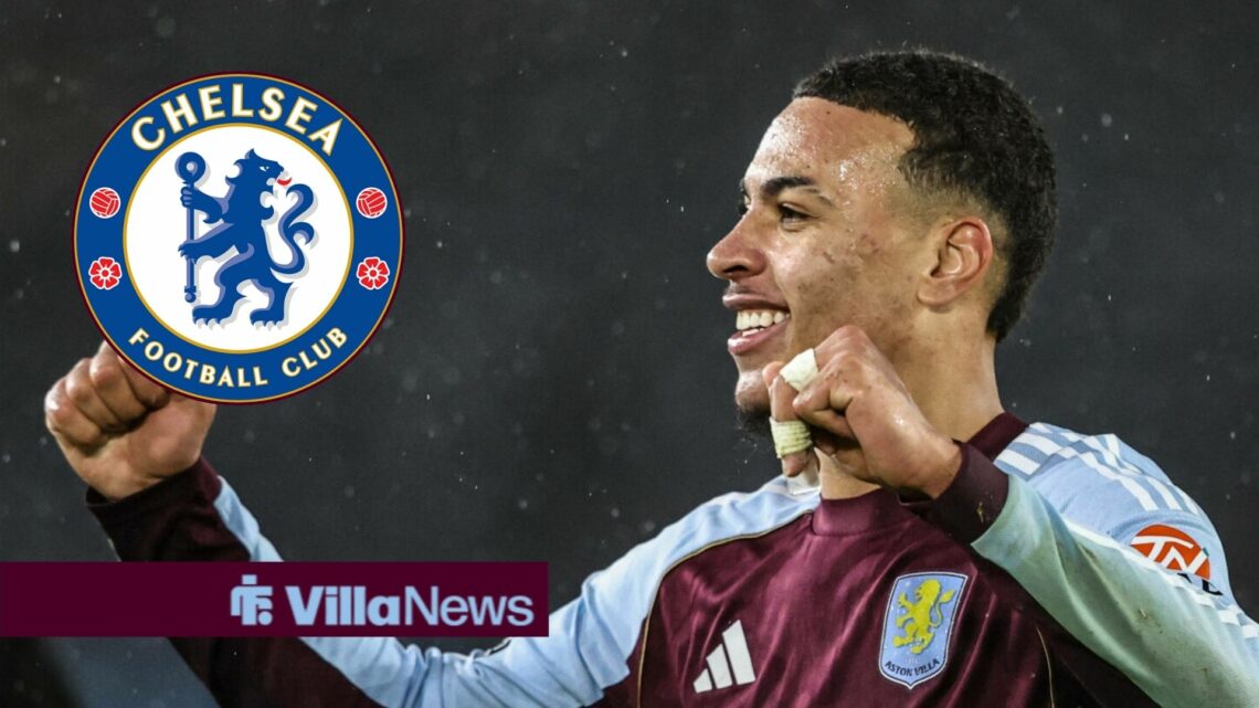 Morgan Rogers alongside a circle inset of the Chelsea badge.