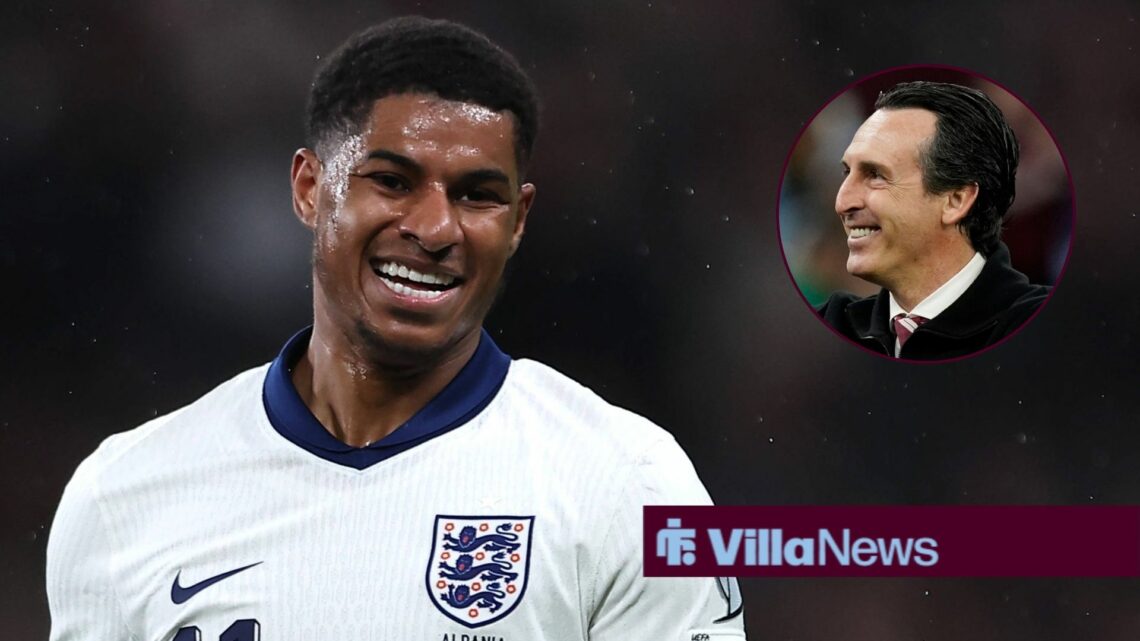 Marcus Rashford smiling while playing for England looking towards Unai Emery in a circle inset