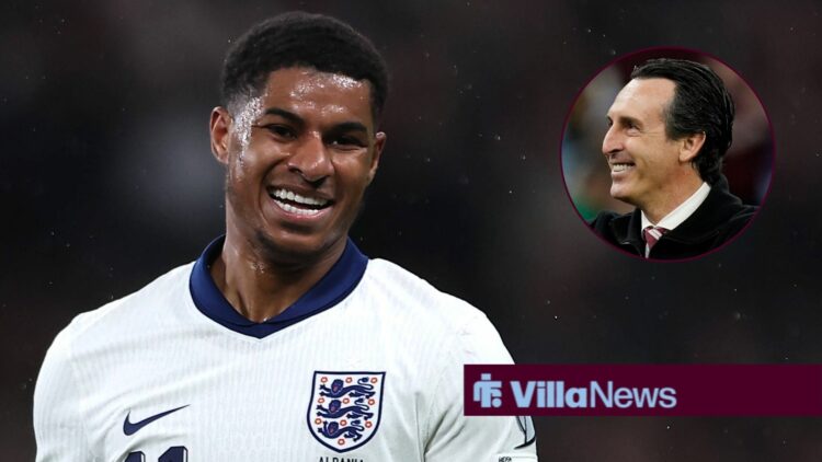 Marcus Rashford smiling while playing for England looking towards Unai Emery in a circle inset