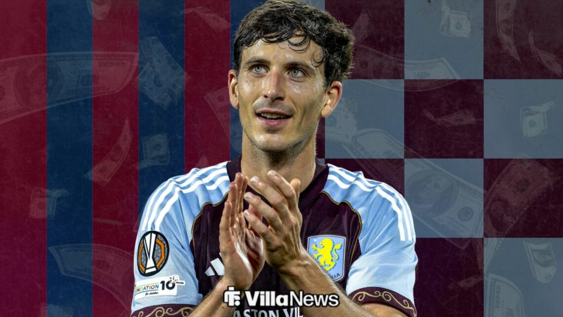 Pau Torres clapping while playing for Aston Villa alongside Barcelona and Aston Villa colours