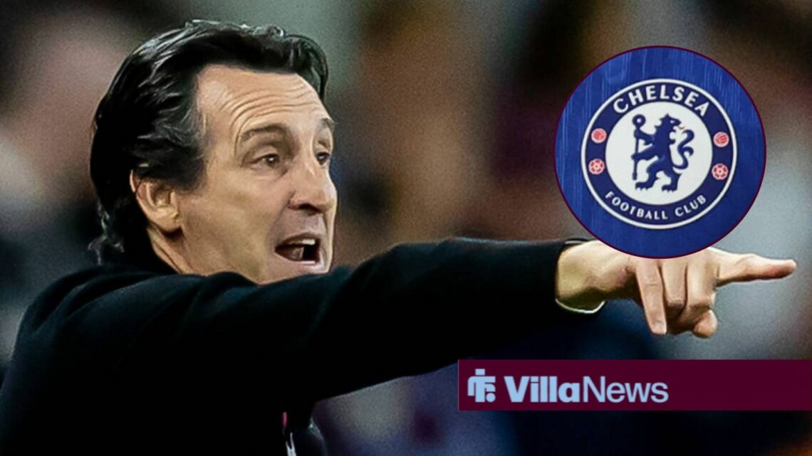 Unai Emery shouting and pointing towards a circle inset of a Chelsea badge