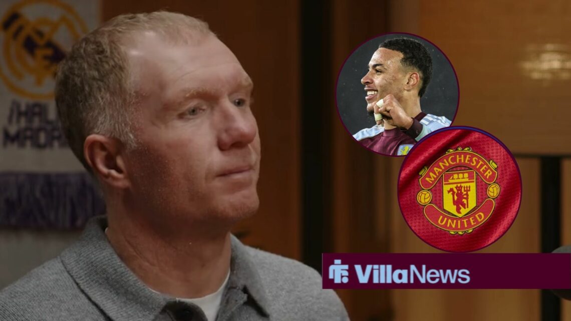 Paul Scholes looking towards circle insets of Morgan Rogers smiling and the Manchester United badge