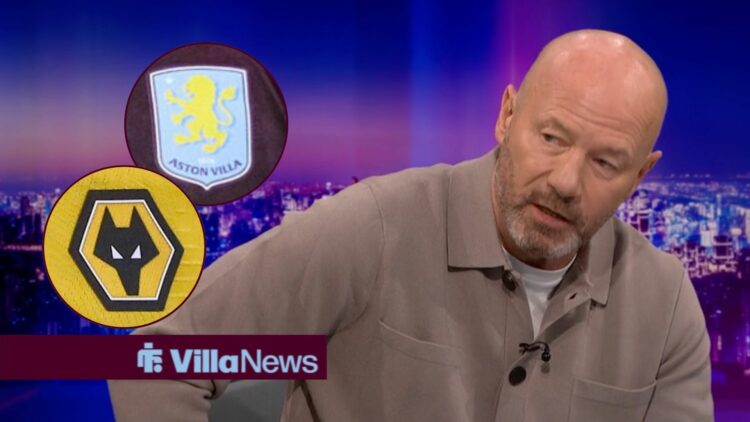 Alan Shearer looking at Wolves and Aston Villa badges in circle