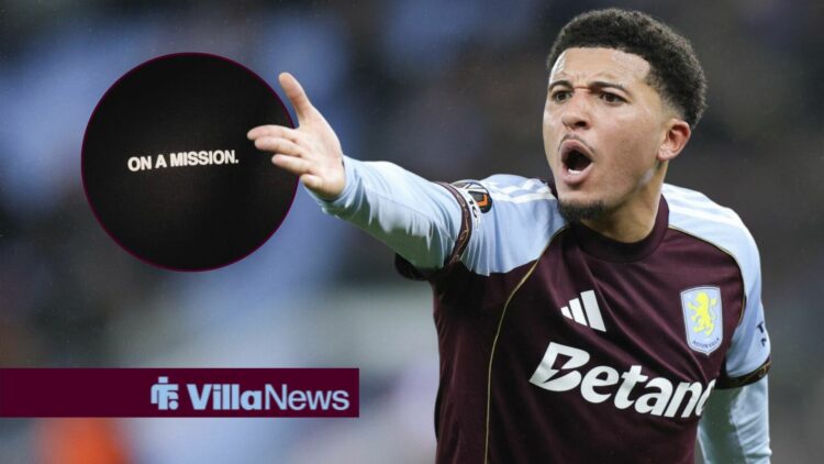 Jadon Sancho shouting for Aston Villa looking towards a circle inset of Jadon Sancho Instagram post