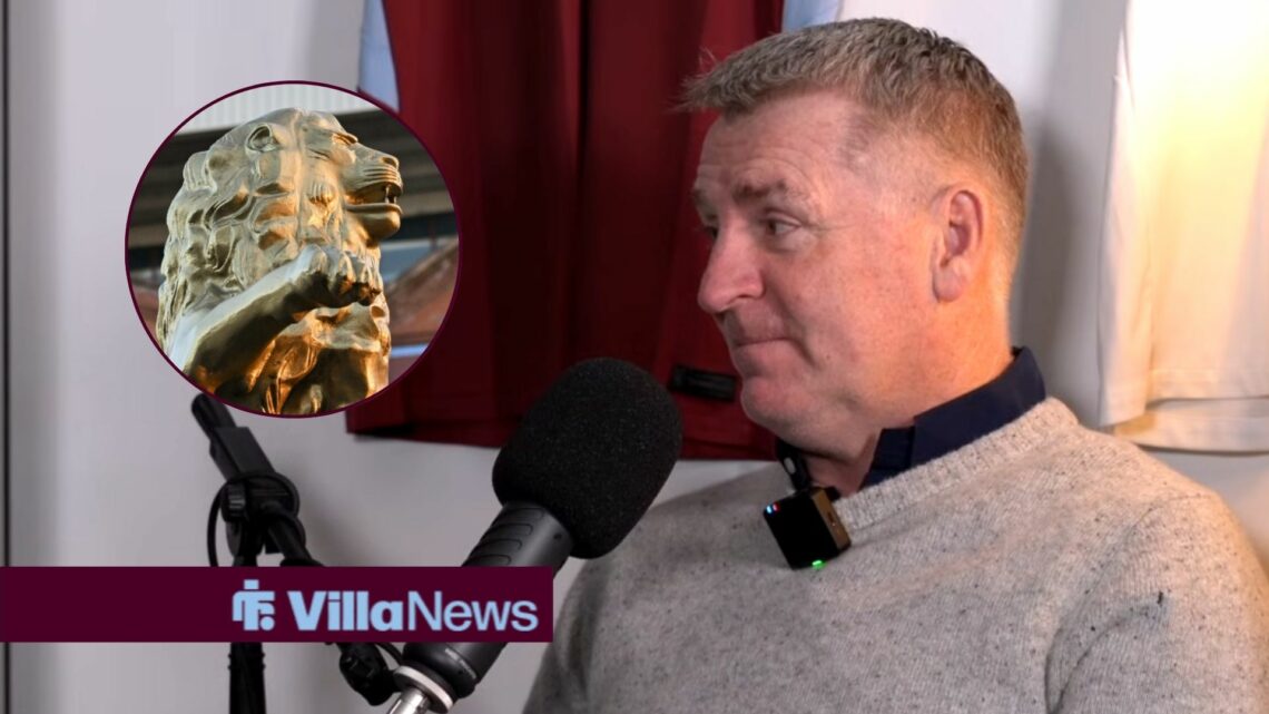 Dean Smith speaking on The Claret & Blue Podcast looking towards a circle inset of a lion statue at Villa Park