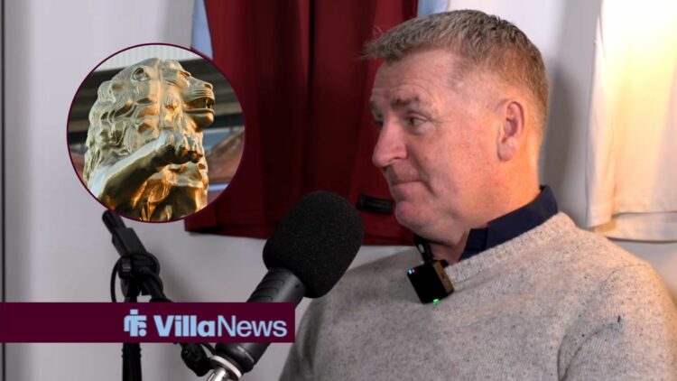 Dean Smith speaking on The Claret & Blue Podcast looking towards a circle inset of a lion statue at Villa Park
