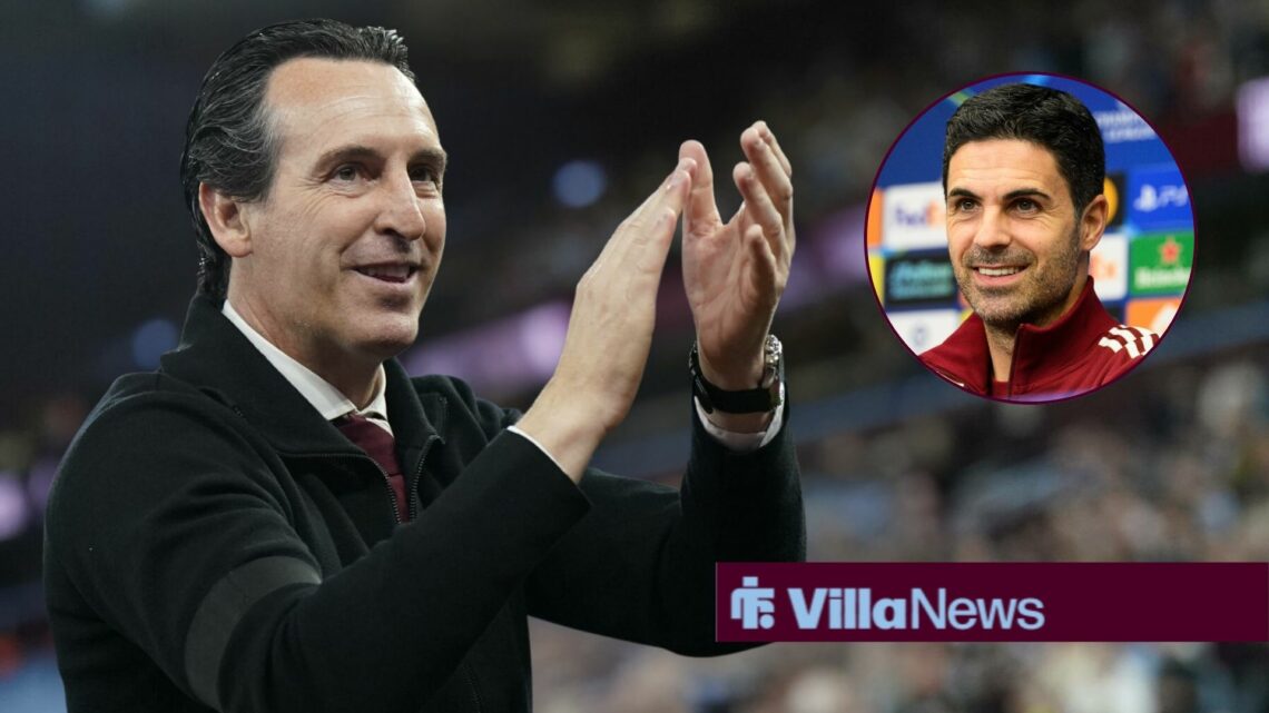 Unai Emery looking happy and clapping towards a circle inset of Mikel Arteta smiling