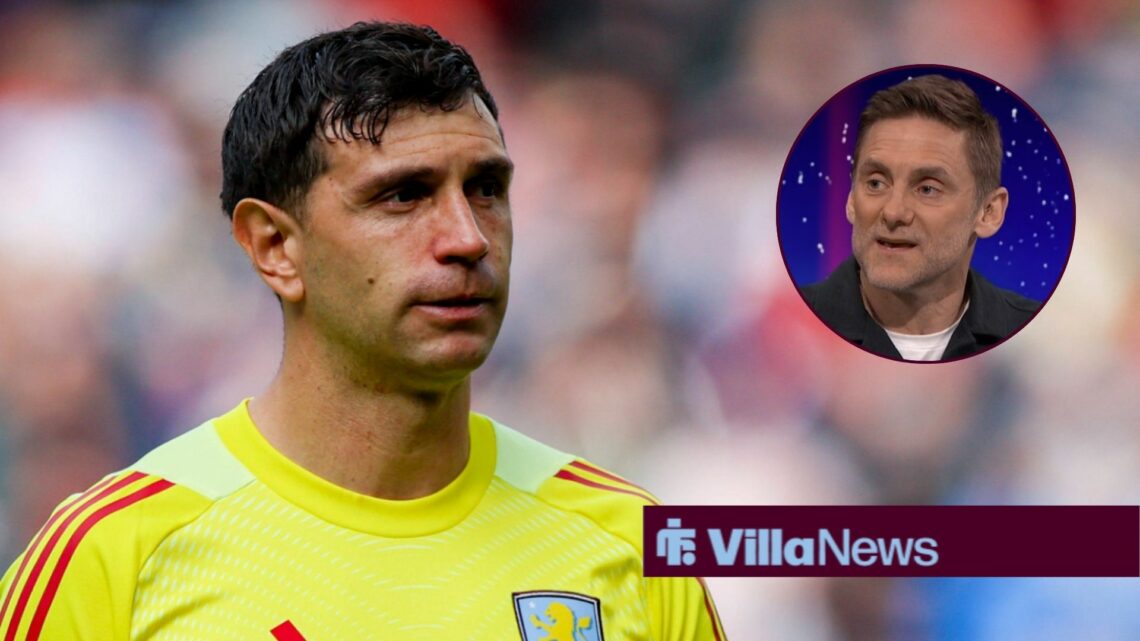 Emi Martinez playing for Aston Villa looking annoyed towards a circle inset of Rob Green