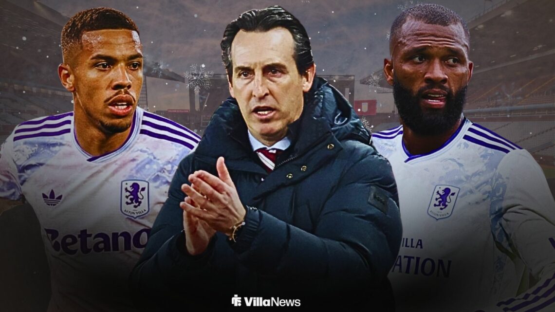 Igor Thiago and Alysson in Aston Villa shirts either side of Unai Emery clapping with Villa Park in the background