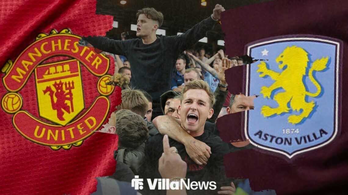Aston Villa fans celebrating surrounded by a Manchester United and Aston Villa badge