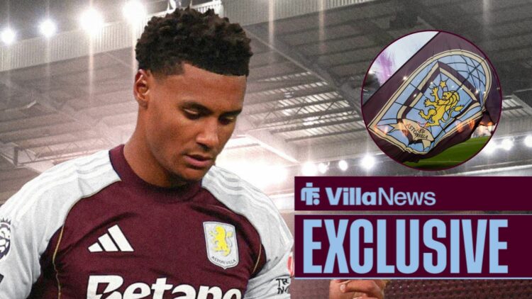 Ollie Watkins looking frustrated in an Aston Villa shirt at Villa Park alongside a circle inset of Villa Park